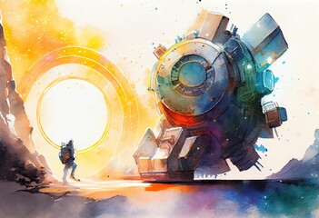 Watercolor Illustration of a Intergalactic Travel Concept With Machine And Light Coming Through It, Background. Generative AI