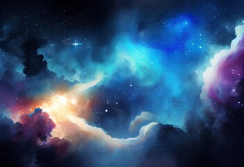 Obraz na płótnie Canvas Watercolor Illustration of a Large Panoramic View Of A Colorful Dark Blue Nebula In Space. Cosmic Background With Bright Shining Stars, Galaxies And Deep Universe. Generative AI