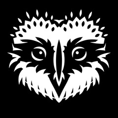 White head of an owl on a black background. Monochrome vector illustration
