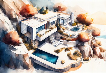 Watercolor Illustration of a High Quality Aerial Drone Picture Of Ultra Modern House, Villa With Great, Wonderful Garden Und Beautiful Pool High Up On A Mountain, With Beach And The Sea. Generative AI