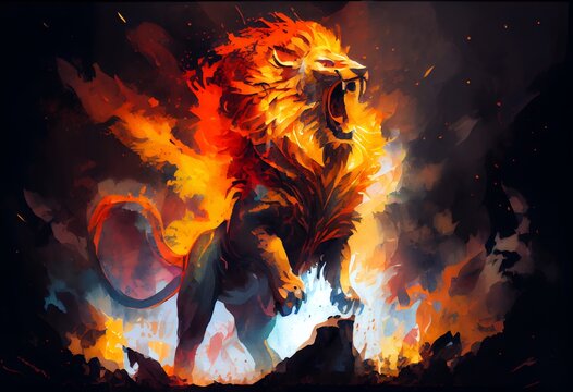 Watercolor Illustration of a Roaring Mighty Fantasy Lion With Flames And Glowing Lights. Generative AI
