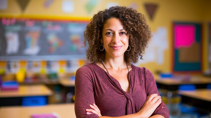 Racial female teacher standing in a classroom with arms crossed, looking at camera and smiling, with her pupils sitting at desks in the background, in slow motion. education at an elementary school