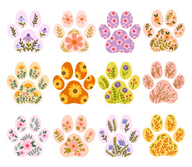 Flowers dog paws vector illustration set. Florals paws silhouette clipart - obrazy, fototapety, plakaty