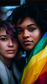 Young Multiracial Gay Women Couple With Rainbow Flag Looking At Camera. LGTBI Pride