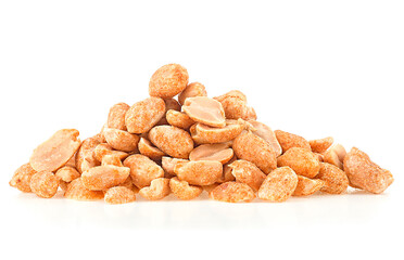 Pile of chili spicy peanuts isolated on a white background. Paprika roasted peanuts. Spicy peanuts.
