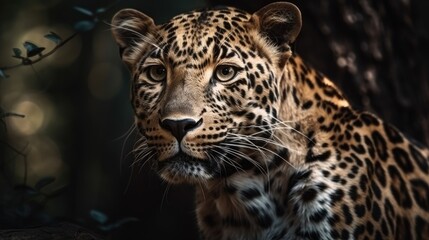 Leopard close-up stares away. A predatory animal in the wild. Generative AI