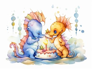 baby seahorse playing with birthday cake - watercolor illustration on transparent background, ideal for pet lovers, pet-themed designs, and birthday celebration projects. generative ai