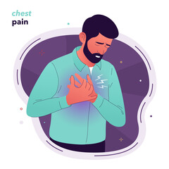 Vector illustration of a man, who's holding his hands to his chest. A man with a beard put his head down, feeling the uncomfortable sensation in the chest. Symptoms of pneumonia, heart attack.