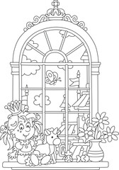 Funny little princess in a gold crown playing with her toy unicorn at a large window in a magnificent hall of a royal palace in a fairytale kingdom, black and white vector cartoon illustration