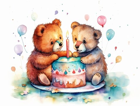 happy bears playing with birthday cake - watercolor illustration on transparent background, ideal for pet lovers, pet-themed designs, and birthday celebration projects. generative ai