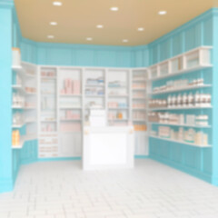 blurred unfocused pharmacy interior with shelves with medicines