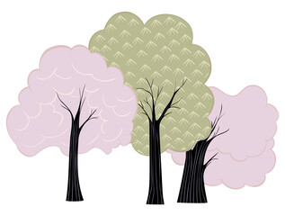 set of fancy vintage retro trees with handmade sakura, design element for postcards, banners, fairy tales, wallpapers, textiles,