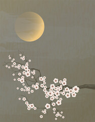 Romantic watercolor graphic spring poster, wallpaper with white sakura flowers on the night sky and moon