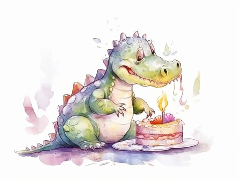 baby crocodile playing with birthday cake - watercolor illustration on transparent background, ideal for pet lovers, pet-themed designs, and birthday celebration projects. generative ai