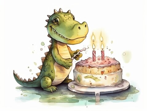 baby crocodile playing with birthday cake - watercolor illustration on transparent background, ideal for pet lovers, pet-themed designs, and birthday celebration projects. generative ai