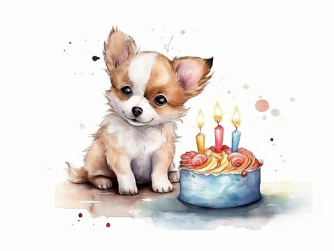 baby dog playing with birthday cake - watercolor illustration on transparent background, ideal for pet lovers, pet-themed designs, and birthday celebration projects. generative ai