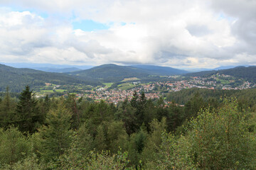 Fototapeta premium Panorama view of municipality Bodenmais seen from Silberberg mountain in Bavarian Forest, Germany