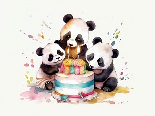 Naklejka premium happy baby pandas playing with birthday cake - watercolor illustration on transparent background, ideal for pet lovers, pet-themed designs, and birthday celebration projects. generative ai
