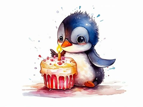 happy baby penguin playing with birthday cake - watercolor illustration on transparent background, ideal for pet lovers, pet-themed designs, and birthday celebration projects. generative ai