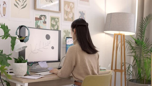 Woman, computer and graphic designer in digital web logo design studio or office at home. Entrepreneur female tech drawing, illustrator and abstract nft art ui or ux creative branding developer on pc