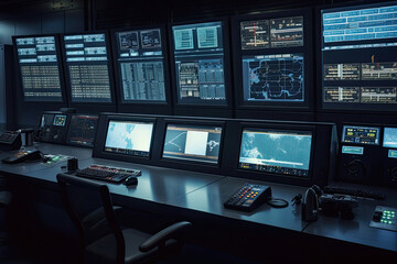 Naklejka premium Central control panel. Operator workplace with a lot of screens and buttons for monitoring technology process at production line. Created with Generative AI