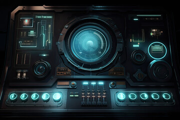 Futuristic central control panel. Operator workplace with a lot of screens and buttons for monitoring technology process at production line. Created with Generative AI