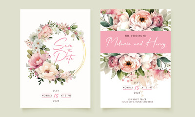 Fototapeta na wymiar Wedding invitation card template set with flower bouquet. Peach roses with fluid background. Floral illustration for save the date, greeting, poster, cover vector