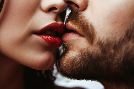 The power of a kiss, sexy beautiful red lips woman kissing seductive beard man, erotic, glamour, sensual closeup couple kiss AI Generative 