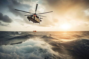 Fototapeta na wymiar Search and rescue operation in sea. Emergency rescue helicopter flies over sea surface, looking for victims after crash. Created with Generative AI