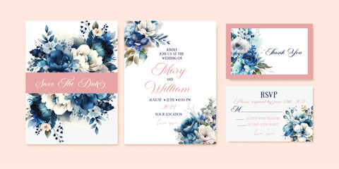 Wedding watercolor floral invitation card save the date design with blue flowers, roses and green leaves semi wreath and frame. Botanical elegant decorative vector template in Rustic style