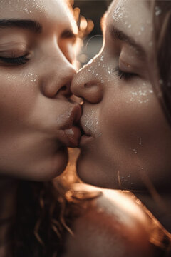 The power of lesbian in love kissing, sexy seductive sensual kiss closeup lgbt passion ai generative
