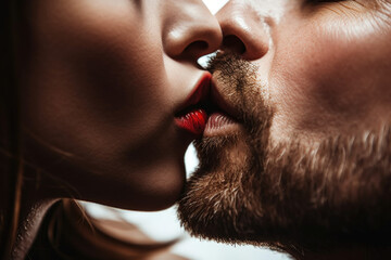 The power of a kiss, sexy beautiful red lips woman kissing seductive beard man, erotic, glamour, sensual closeup couple kiss AI Generative 