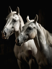 2 White horses portrait in black background 