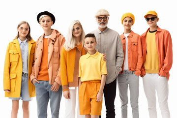 stylish group of people, teens and one elderly man in bright and multicoloured clothes on white background, created with Generative AI Technology