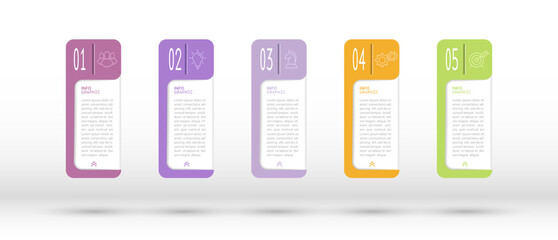 Business infographics. 5 stages of achieving the goal. Stages of the workflow, development, marketing, plan or training. Business strategy with icon icons. Report or statistics schema