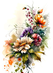 A bouquet of flowers, design for cover, booklet, greeting. Background with watercolor flowers, Generative AI. 
