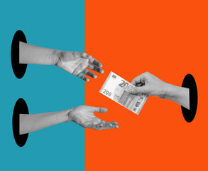 Art collage, hands with money, hands reaching for money.