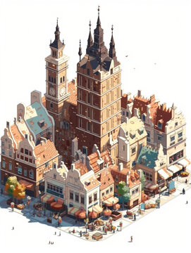 3D pixel art of retro city hall and other bouldings in European city, created with Generative AI Technology