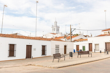 Fototapeta na wymiar a square in Villafranca de los Barros with a view to the Carmen Parish, Tierra de Barros, province of Badajoz, Extremadura, Spain