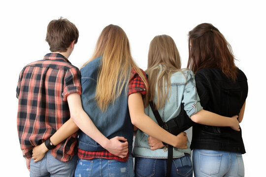 teenagers in colour and bright clothes stands on white background, back side view, created with Generative AI Technology