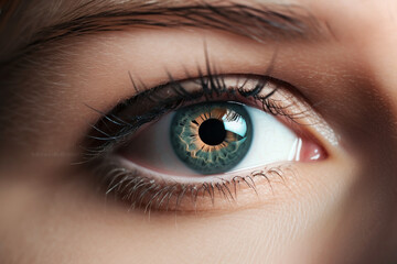 Obraz premium Close-up view on beautiful female eye with makeup, created with Generative AI Technology