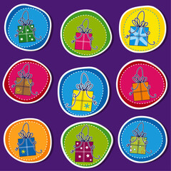 Cute presents on colorful background, birthday card, vector