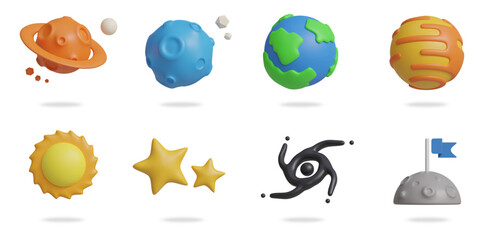 space 3D vector icon set.
saturn planet,meteorite,earth,jupiter,sun,stars,black hole,flag on the moon