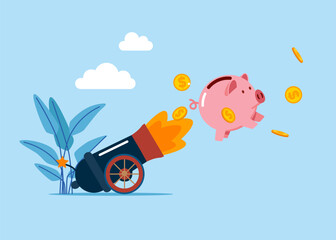 Piggy bank shot from  cannon. Capital money growth. Modern vector illustration in flat style