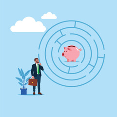 Businessman wanting to enter a piggy bank maze. Flat vector illustration