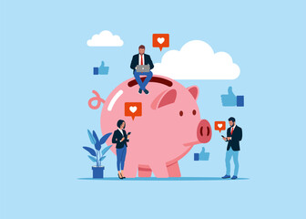 People holding phone device and liking piggy bank. Best piggy bank. Flat vector illustration on blue background.