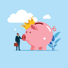 Pink piggy bank with gold crown. Best piggy bank. Protect money from inflation, insurance. Modern vector illustration in flat style