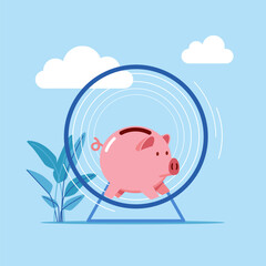 Pink piggy bank running around in a hamster wheel. Modern vector illustration in flat style. 