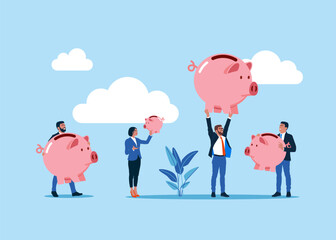 Business people holding pink piggy banks. Inspiration to be success and bright future. Modern vector illustration in flat style
