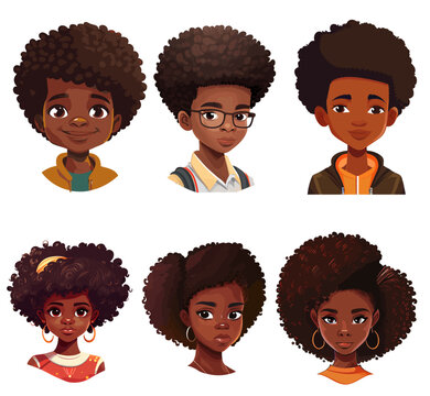 set of cartoon black boys and girls